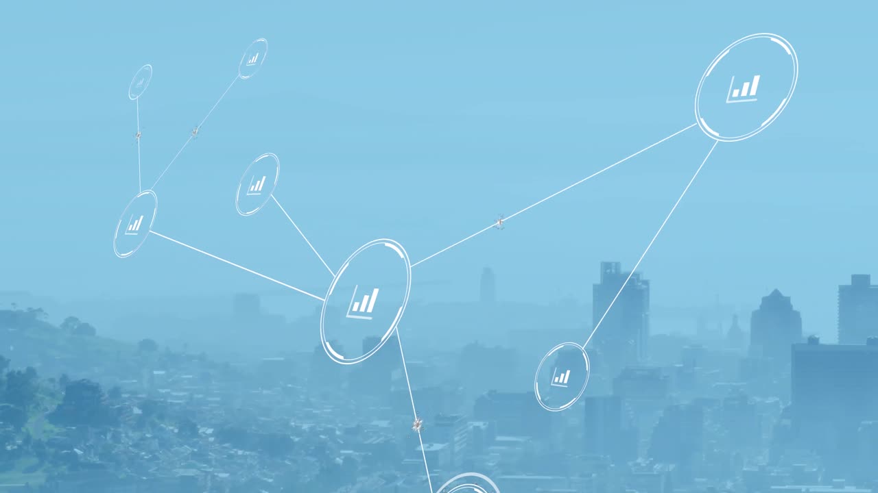 都市風景上のアイコンで接続のネットワークのアニメーション