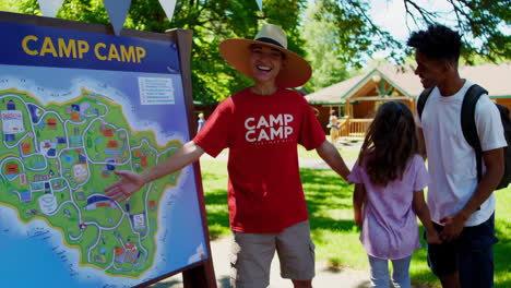 camp counselor showing camp map to children