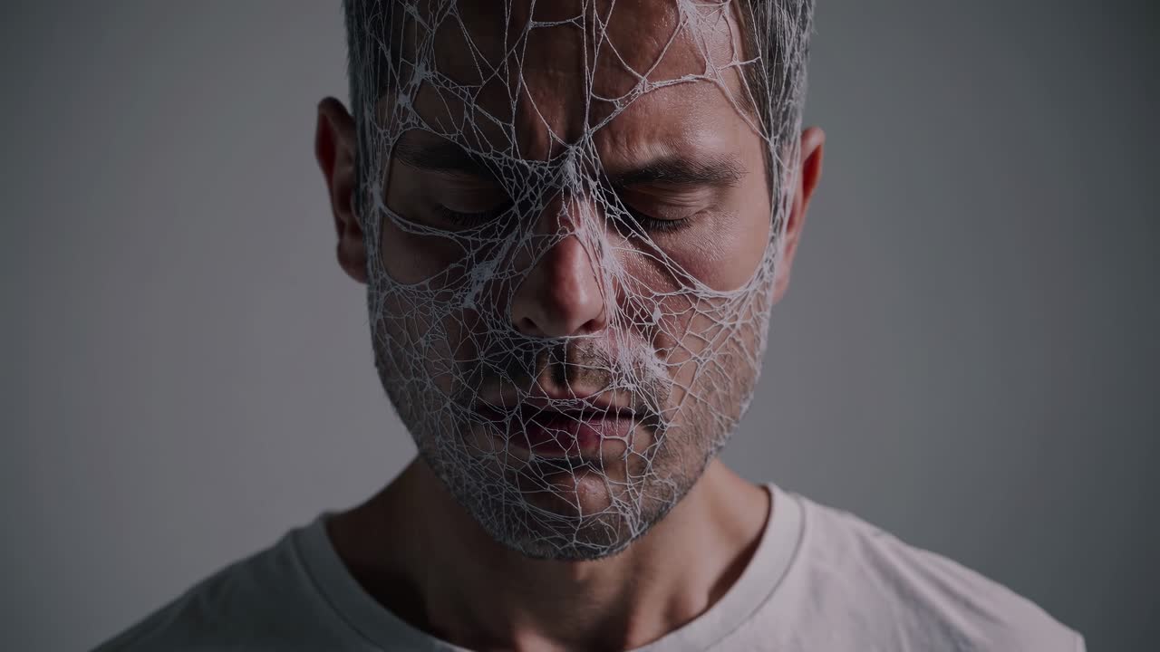hombre con una tela blanca que cubre la cara, ojos cerrados, expresando una profunda lucha emocional contra un telón de fondo neutral, simbolizando la vulnerabilidad psicológica interna y el aislamiento