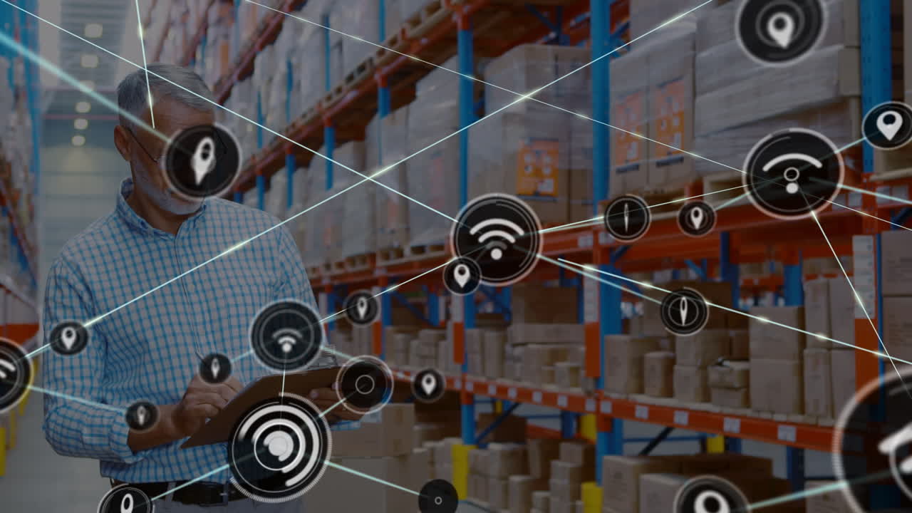 animación de la red de conexiones sobre el hombre caucásico en el almacén