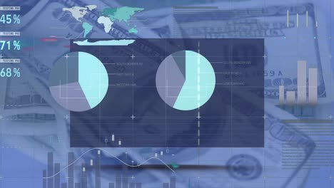 Graphs-and-data-moving-on-dark-image-of-dollar-bills-rotating-behind