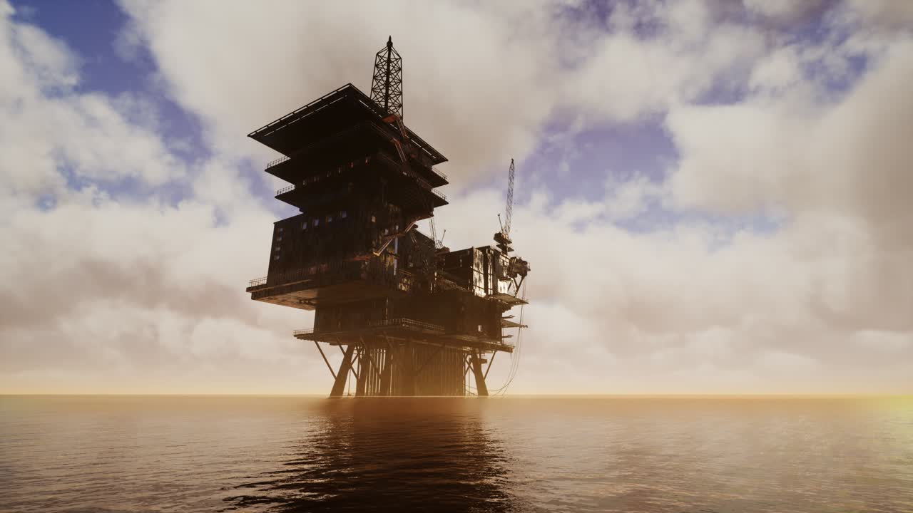 Offshore Jack Up Rig in The Middle of The Sea at Sunset Time