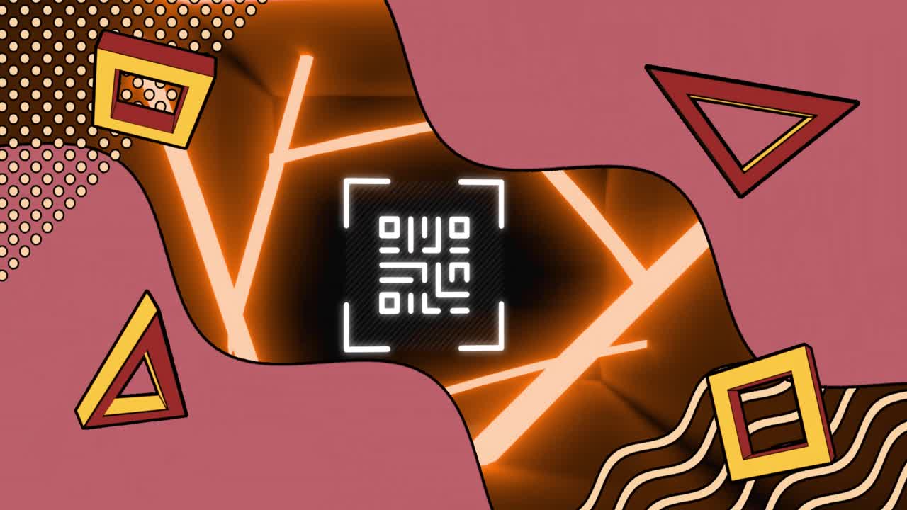 Animation of glowing qr code over neon geometric shapes