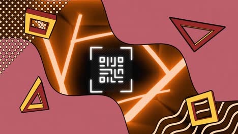 animación de un código qr brillante sobre formas geométricas de neón