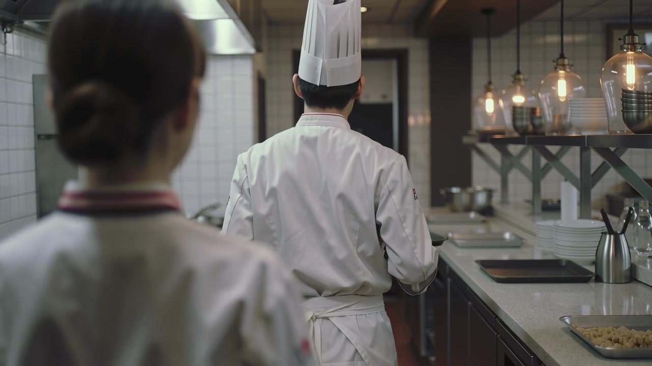 Uno chef in giacca da lavoro cammina lungo il pass della cucina trasportando un vassoio di metallo per il servizio