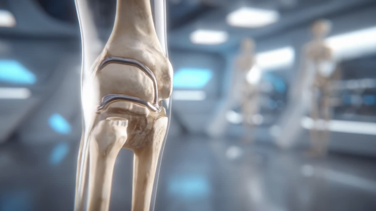 Detailed Visualization of a Human Knee Joint Anatomy, Highlighting Structural Elements, Movement Dynamics, and Functionality in a Futuristic Medical Environment