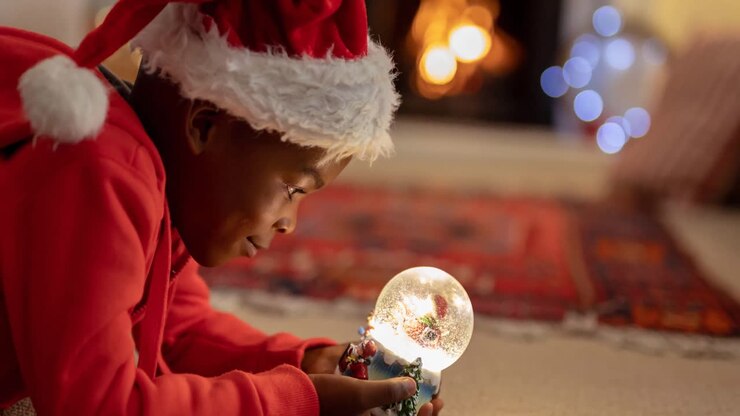 Animação de menino afro-americano com gorro de Papai Noel segurando um globo de neve na época de Natal