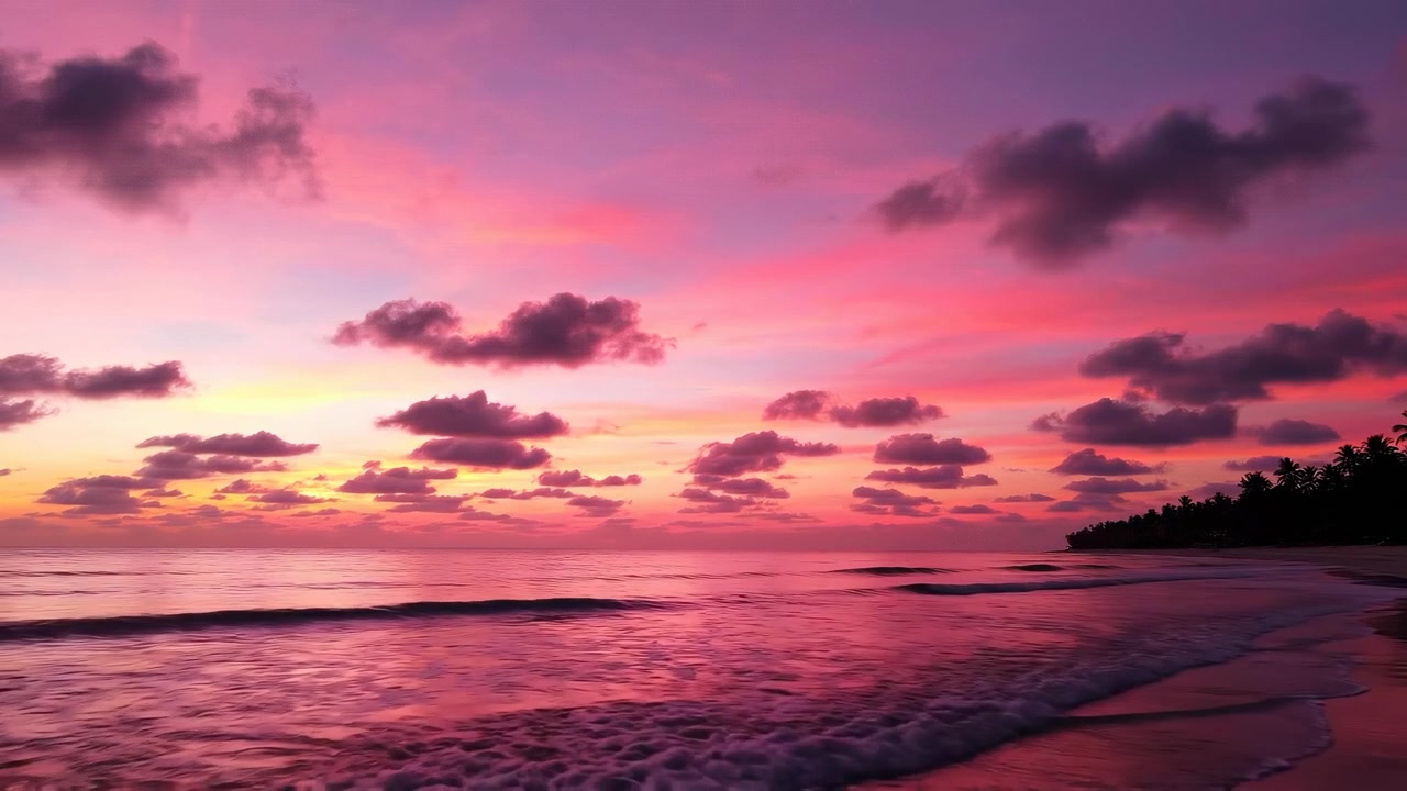 Tramonto sereno su spiaggia tropicale con cielo colorato e onde delicate