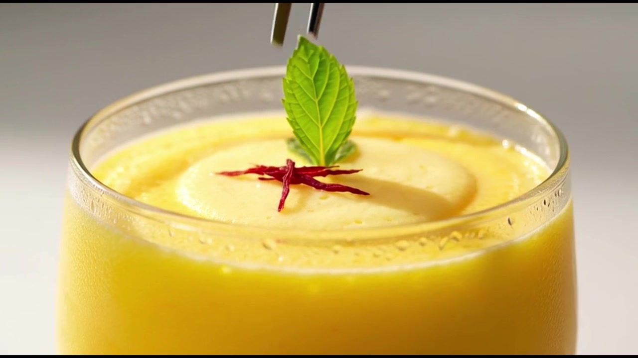Menghias Segelas Lassi Mangga dengan Saffron dan Daun Mint
