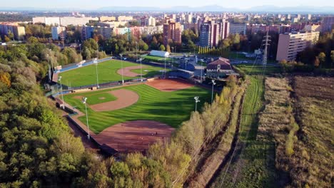 aerial view of baseball field in city