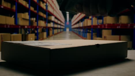 scanner scan delivery box in storage, e-commerce shop, man packing goods and clothes second hand delivery market, courier packaging and shipping workspace with supplies and technology, online sales.