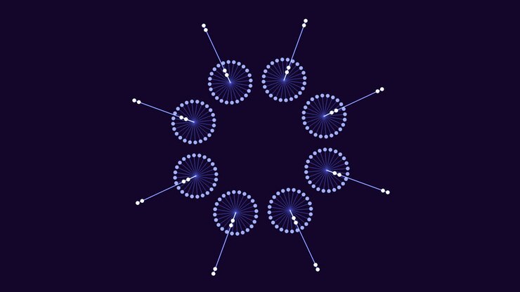 Filmato di una rete di dati circolare futuristica con nodi luminosi e linee di connessione che ruota su uno sfondo viola scuro, ideale per temi di tecnologia, intelligenza artificiale e comunicazione.
