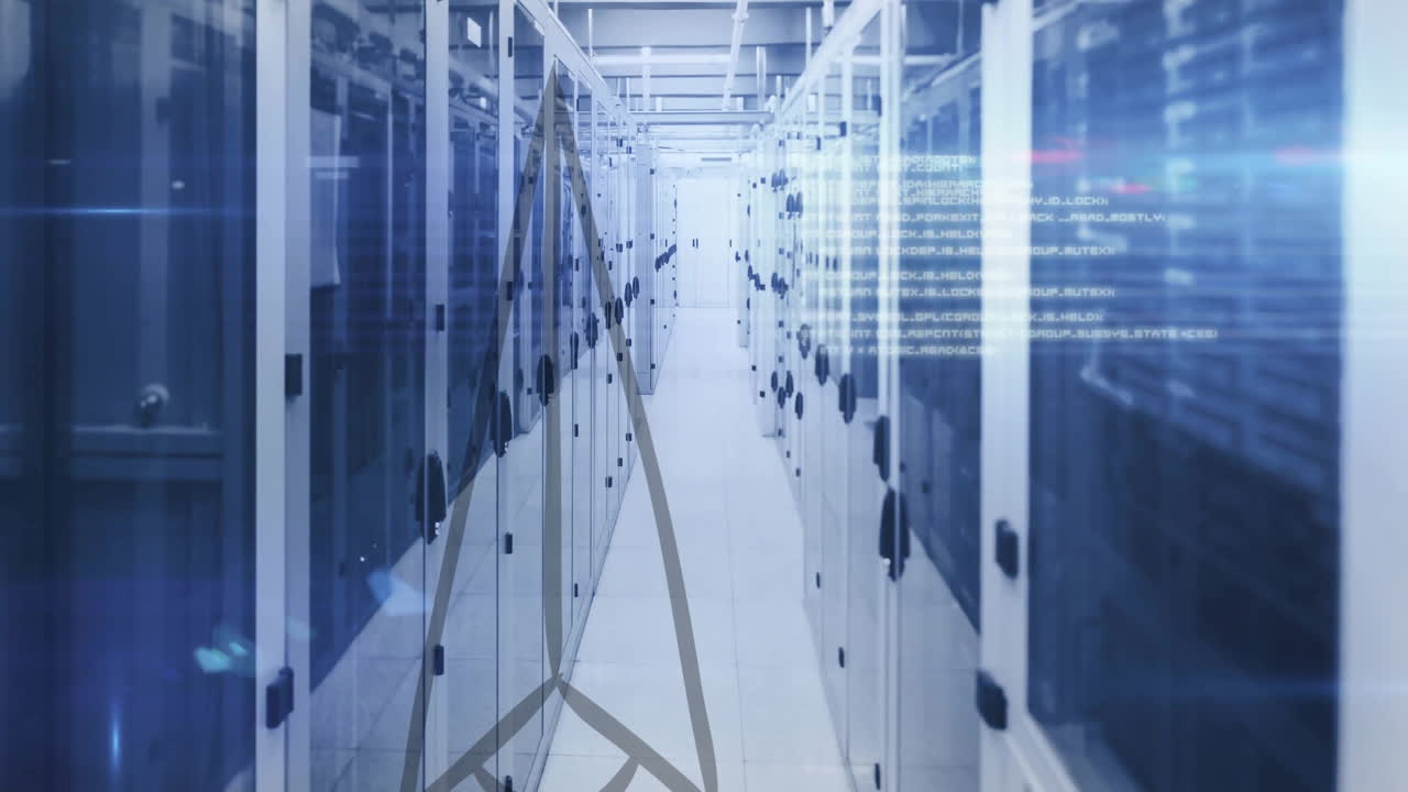 Data center corridor with server racks and digital data overlay animation