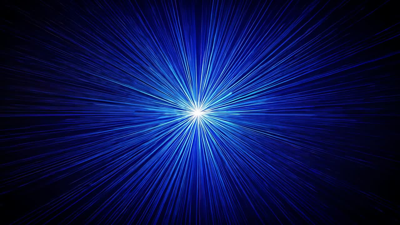 Initiating central light point, blue beams radiating outward then stabilizing in dark digital space