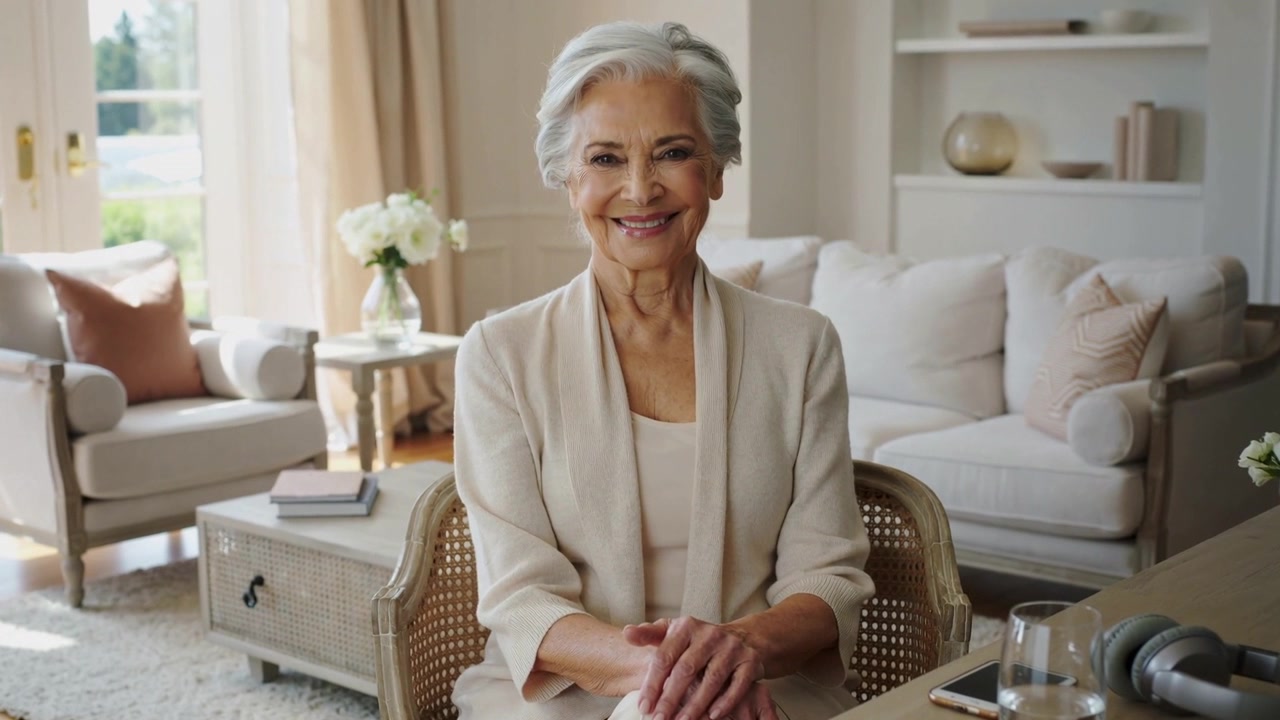 Smiling senior woman in cream cardigan greeting camera as recording starts at home, smartphone