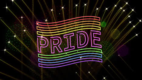 animación del texto del arco iris del orgullo y la bandera y fuegos artificiales explotando sobre un fondo negro.