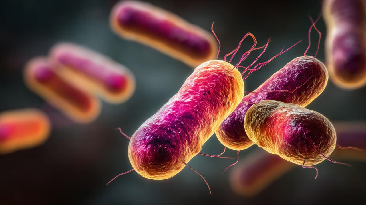 Visione microscopica di cellule batteriche con forme distintive e colori vivaci che scivolano in un ambiente microscopico, evidenziando le loro strutture e caratteristiche uniche.