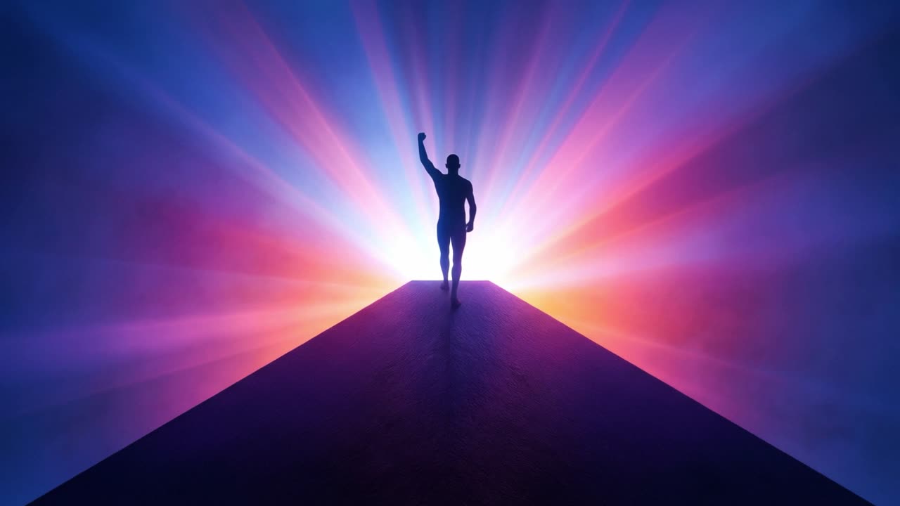 Silueta de hombre caminando hacia una luz brillante y levantando el brazo