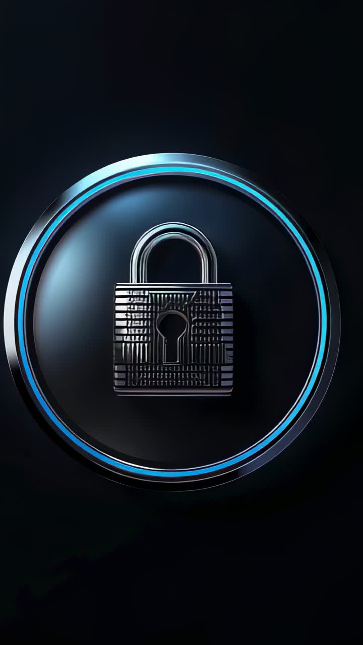 Vertical video: Upon start, metallic padlock rotating in void with neon ring showcasing angles