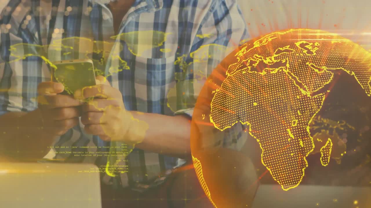 animación del globo con conexiones sobre el hombre usando un teléfono inteligente