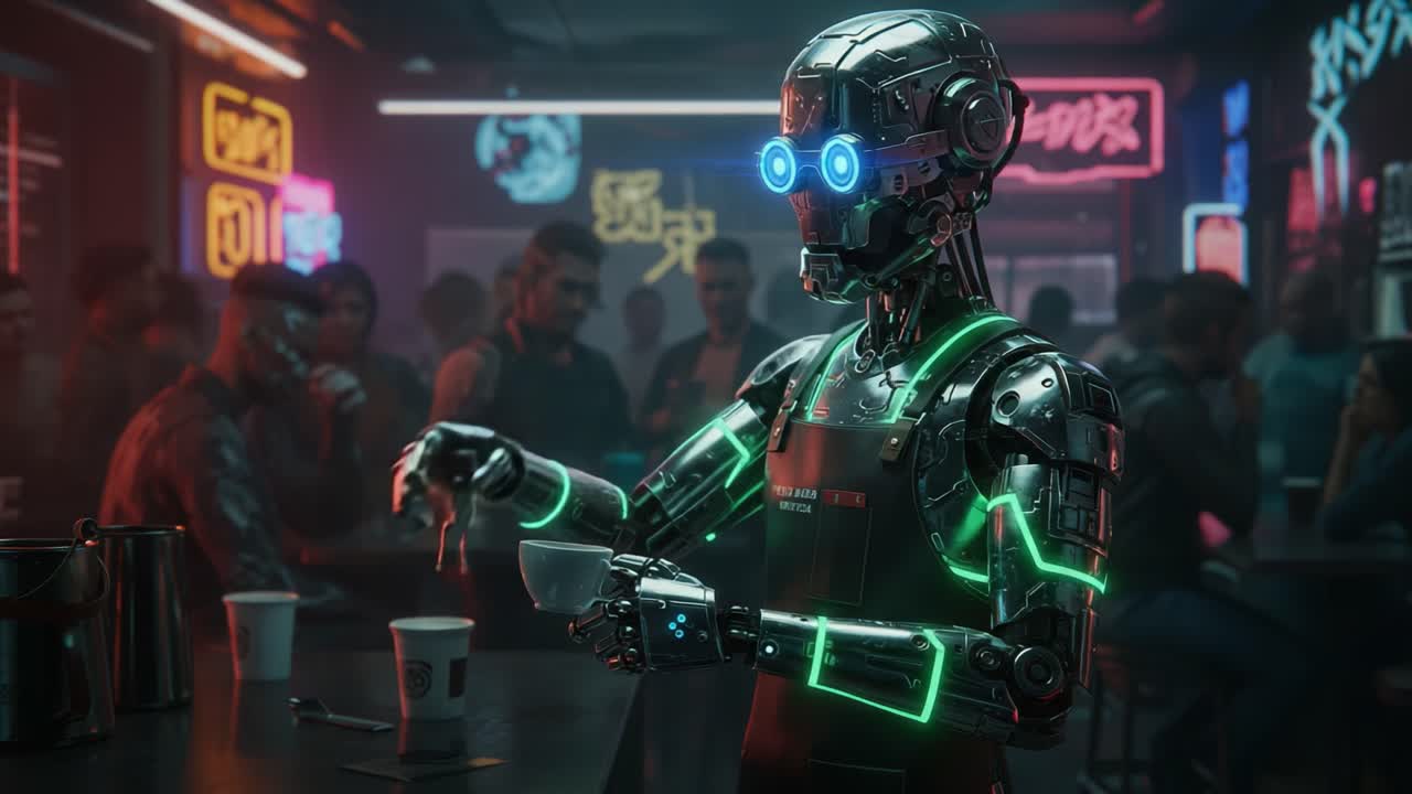 A futuristic robot serving drinks in a neon-lit café, showcasing advanced technology and a lively atmosphere with patrons in the background, blending AI and human interaction