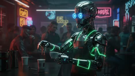 a futuristic robot serving drinks in a neon-lit café, showcasing advanced technology and a lively atmosphere with patrons in the background, blending ai and human interaction