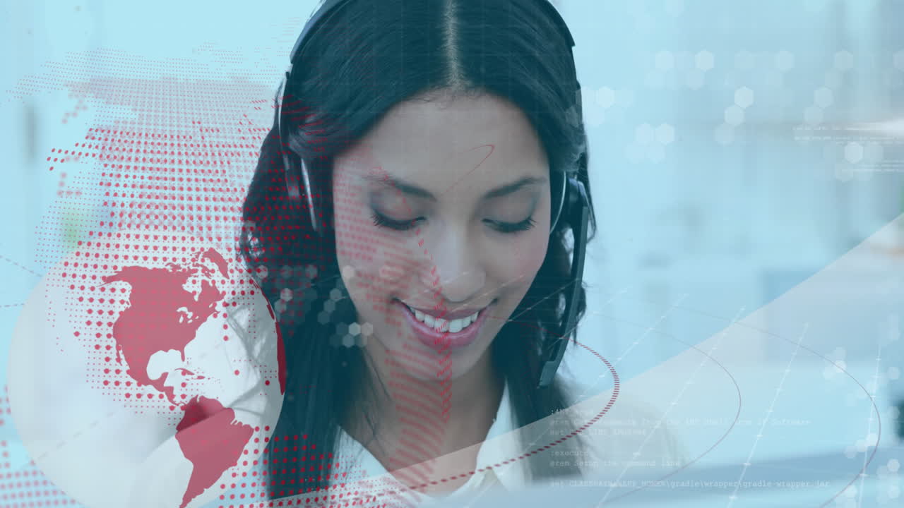 전화 헤드을 사용하는 두 인종 사업가 여성의 전 세계 애니메이션