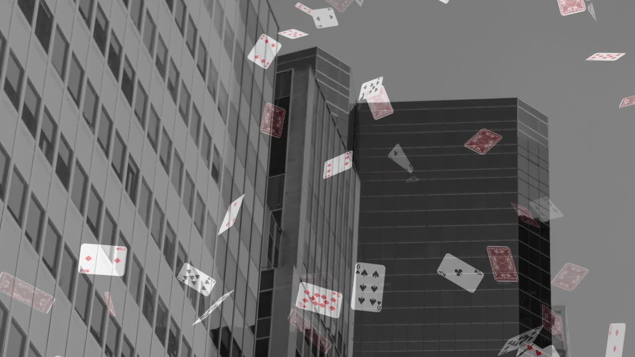 Animation de chute de cartes à jouer sur un paysage urbain
