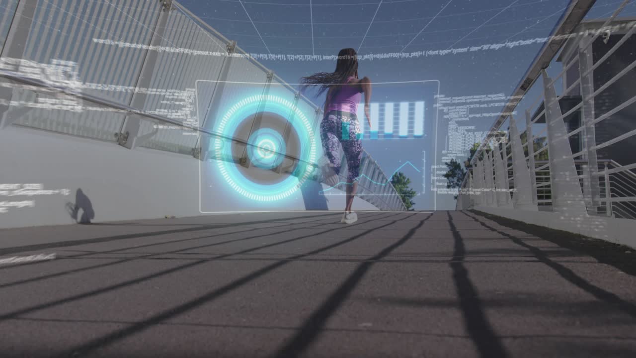 African American woman running up footbridge wearing purple top and leggings with AR HUD
