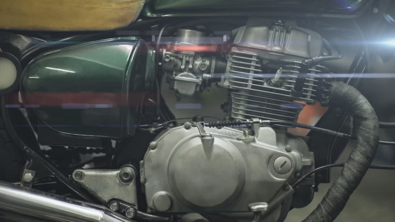 Animation de lumières brillantes et mouvantes sur une moto dans le garage