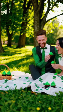 a couple celebrating st. patrick's day with green cupcakes on a shamrock blanket