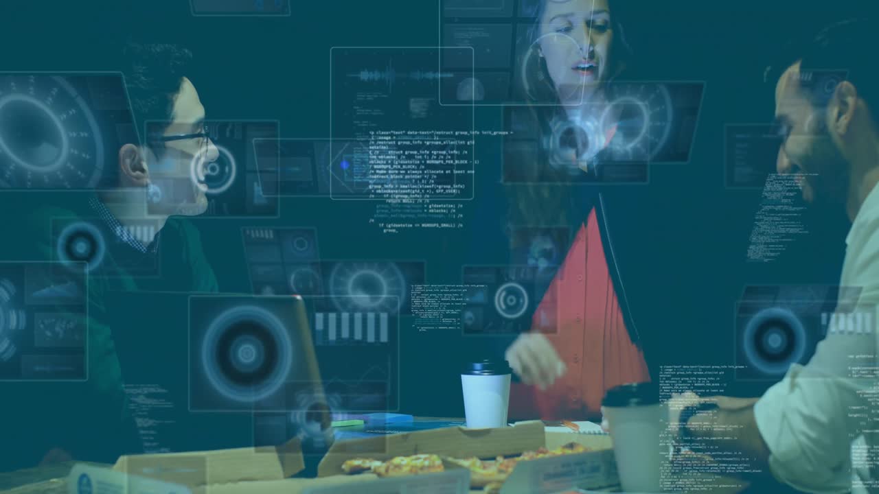 데이터 처리 및 라운드 스캐너의 애니메이션 다양한 동료들이 사무실에서 토론하고 있습니다.