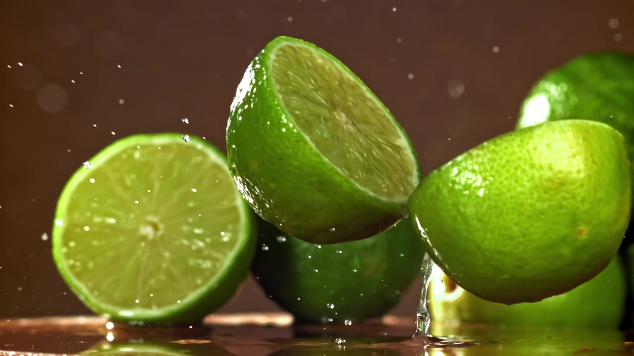 Lime fresco che cade e si divide a metà con uno schizzo d'acqua