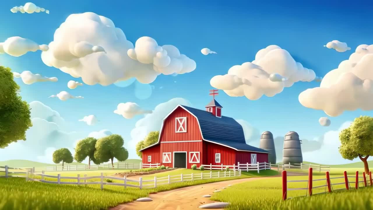 Whimsical farm scene with a red barn under a bright sky, captured from a low-angle