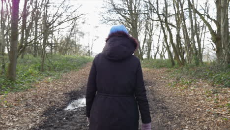 a woman walking through the woods on a footpath. slow motion gimbal shot from high to low.