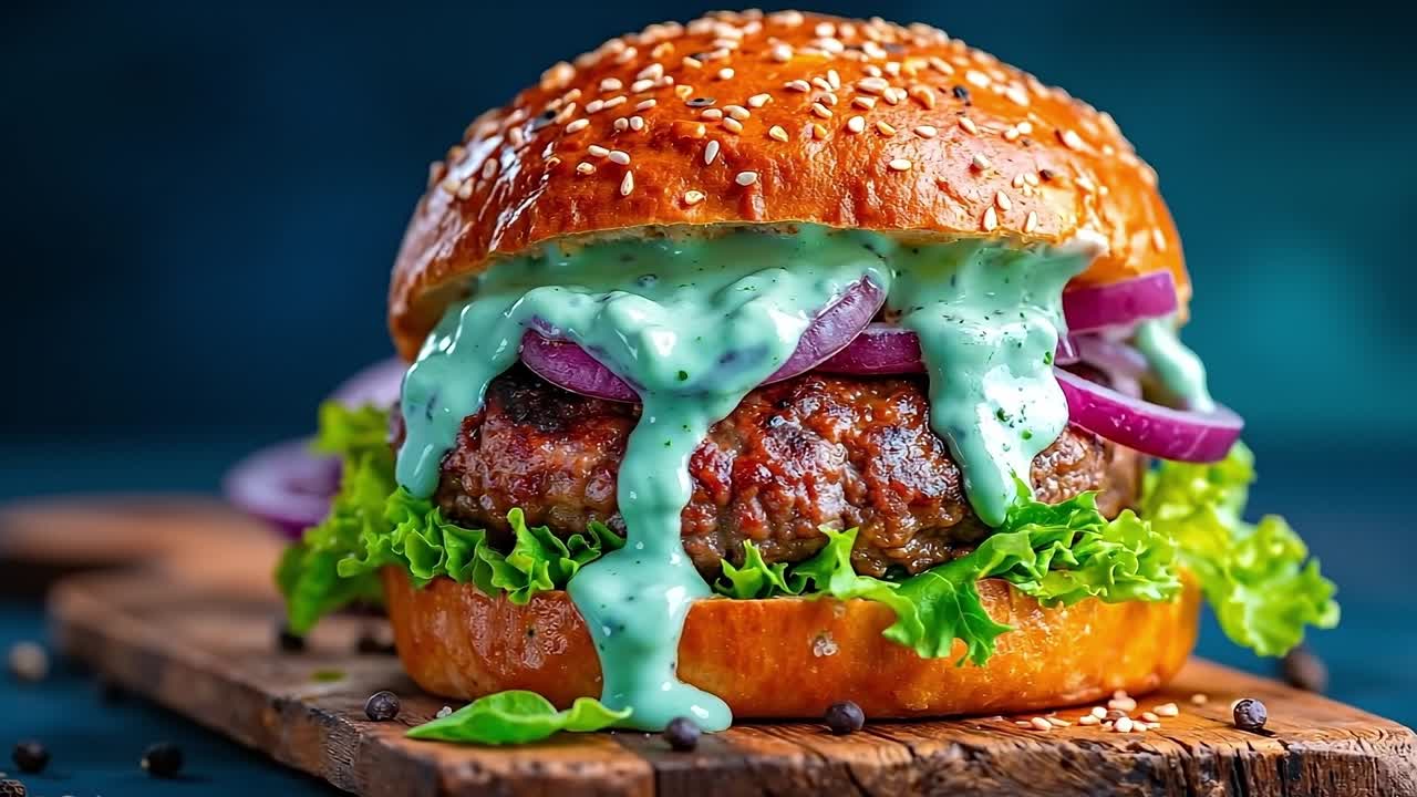 A hamburger with lettuce, onions and sauce on a wooden cutting board