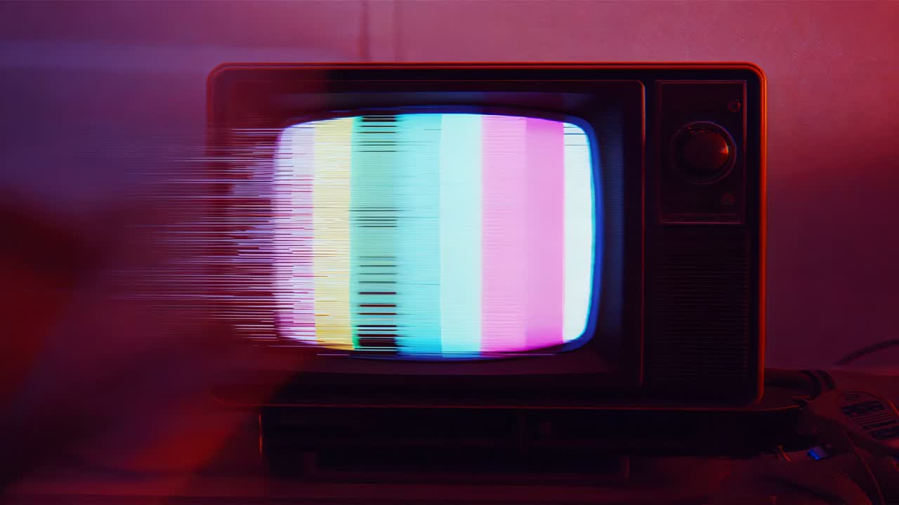 Displaying vintage CRT TV cycling color bars, signal glitch causing scanlines on stand with cables