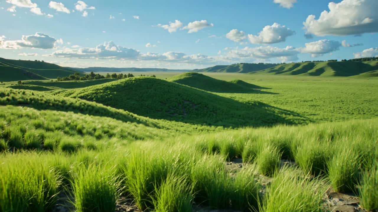 草原でカメラが右にパンし始め、丘の中腹の傾いた草の群れが現れ、左には太陽が見える。