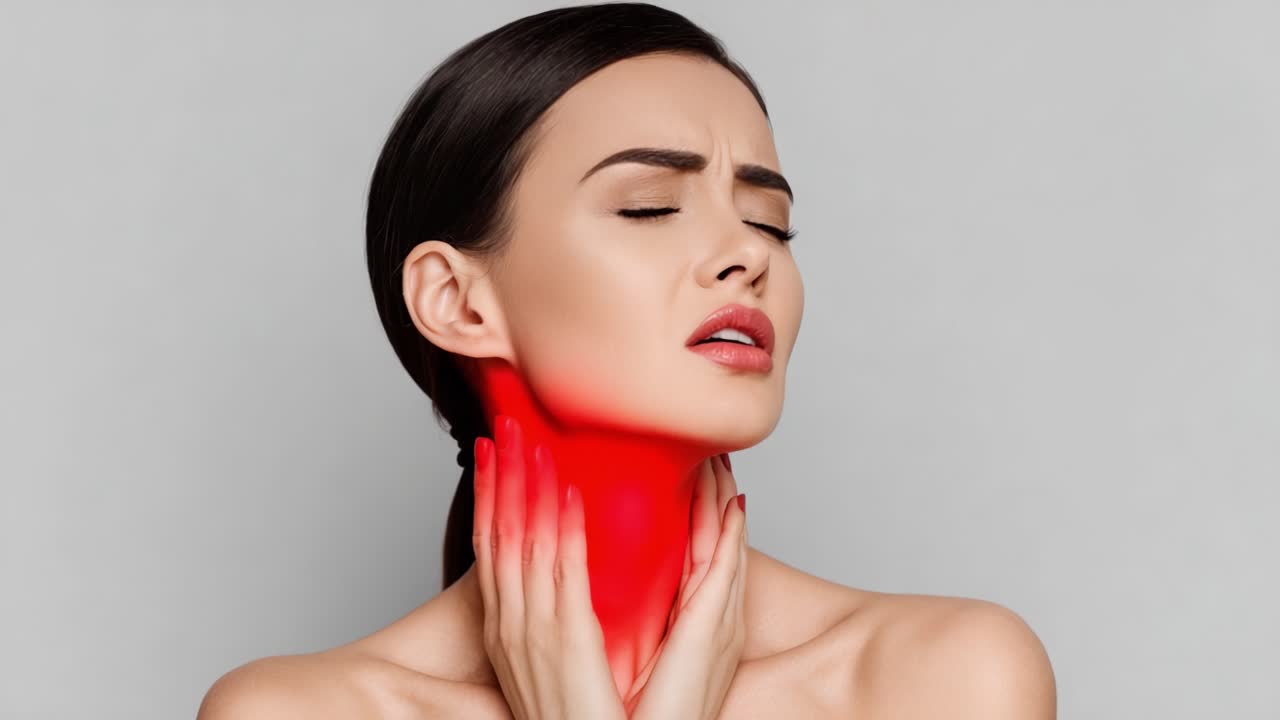 Ritratto Espressivo di una Donna che Trasmette Disagio Emotivo con un Drammatico Bagliore Rosso, Concentrandosi sulla Zona del Collo, Suggerendo Dolore o Disagio