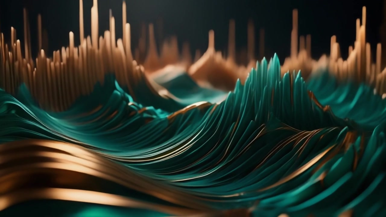 Sfondo Animato Astratto 3D con Linee Ondulate Oro e Verde Acqua
