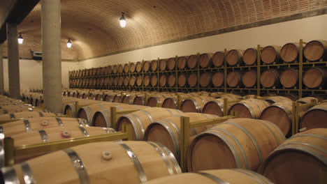 slow motion wide shot of a container of wine barrels in a wine factory in burgos, spain