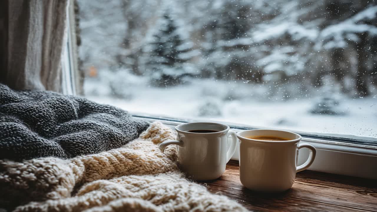 Accogliente scena invernale: due tazze calde di caffè vicino alla finestra in una giornata nevosa, abbracciando il comfort con una morbida coperta di lana e un paesaggio sereno.