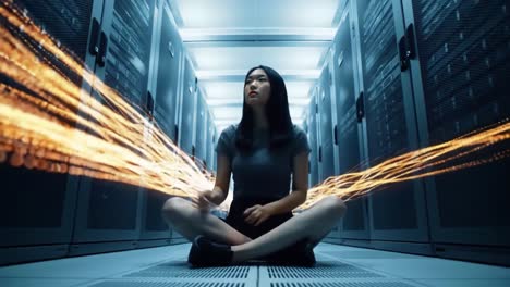 a contemplative moment in a data center: exploring the intersection of technology and personal connection with flowing digital patterns