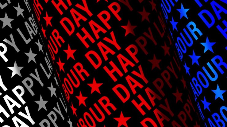 Happy labour day white red blue text word tube rotating animation seamless loop background. 4K 3D rendering backdrop, for 1st May international worker day holidays festive title or trailer design.