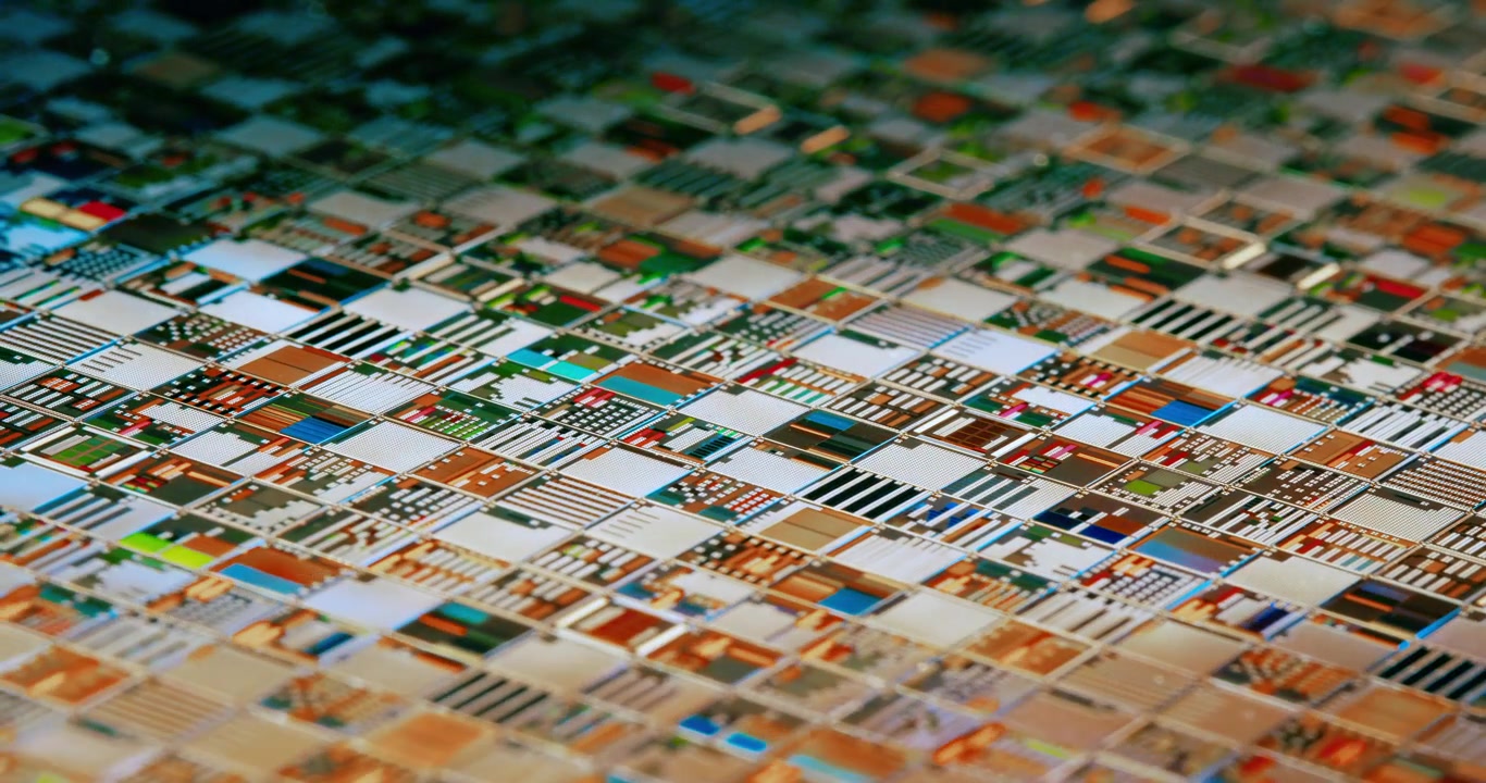 Silicon semiconductor wafer with integrated circuit die mosaic pattern.