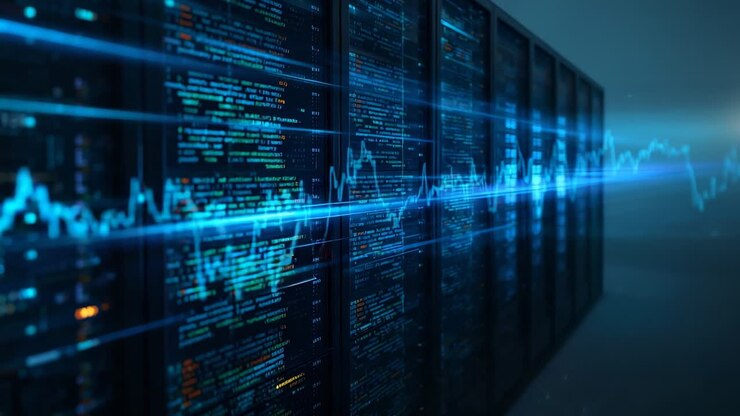 Serverrack, der genererer en klarblå bølgeform, som fejer hen over datacentrets korridor, med pulserende kode