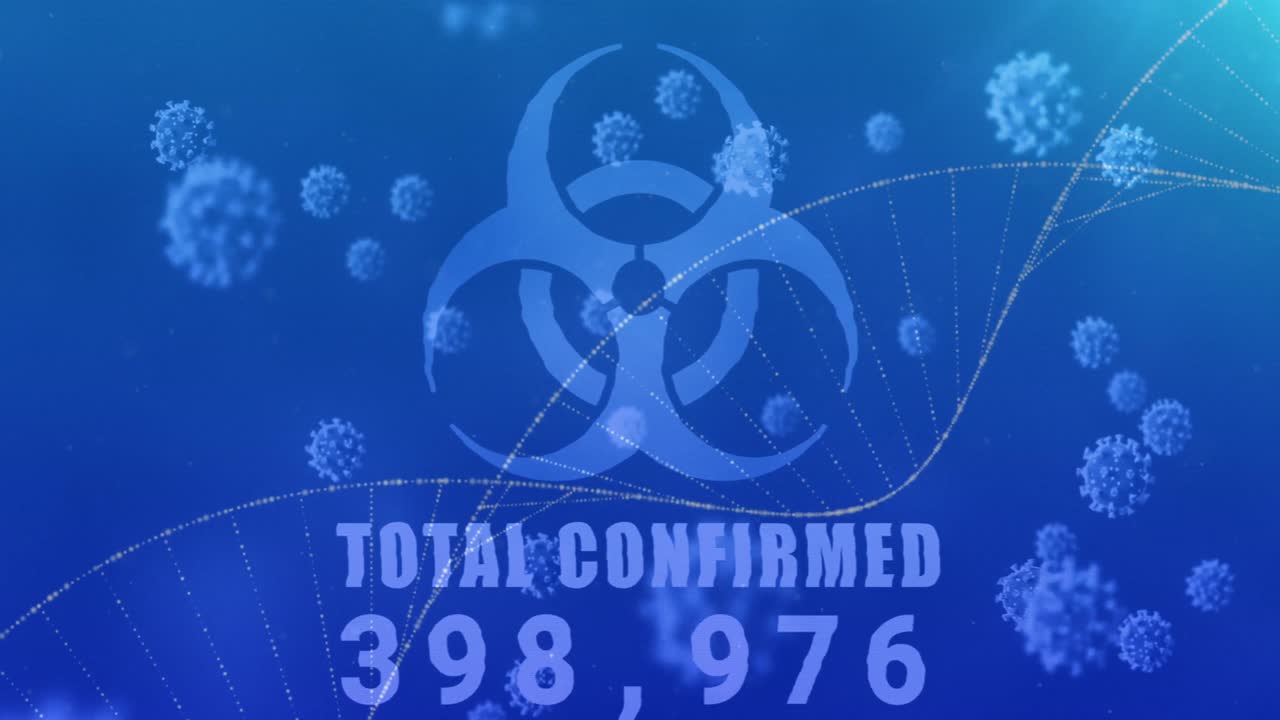 생물 위험 기호와 코로나바이러스 세포가 그라디엔트 배경 위를 날고 있습니다.