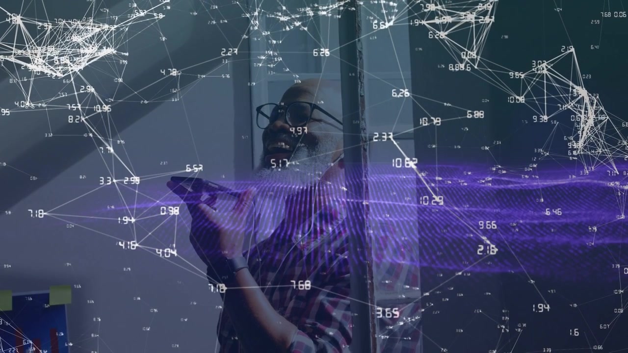Animation of network of connections over woman wearing vr headset