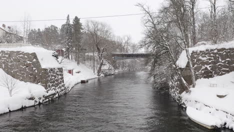 drone shot of a small concrete bridge over a river stream on a snowy winter day in sweden