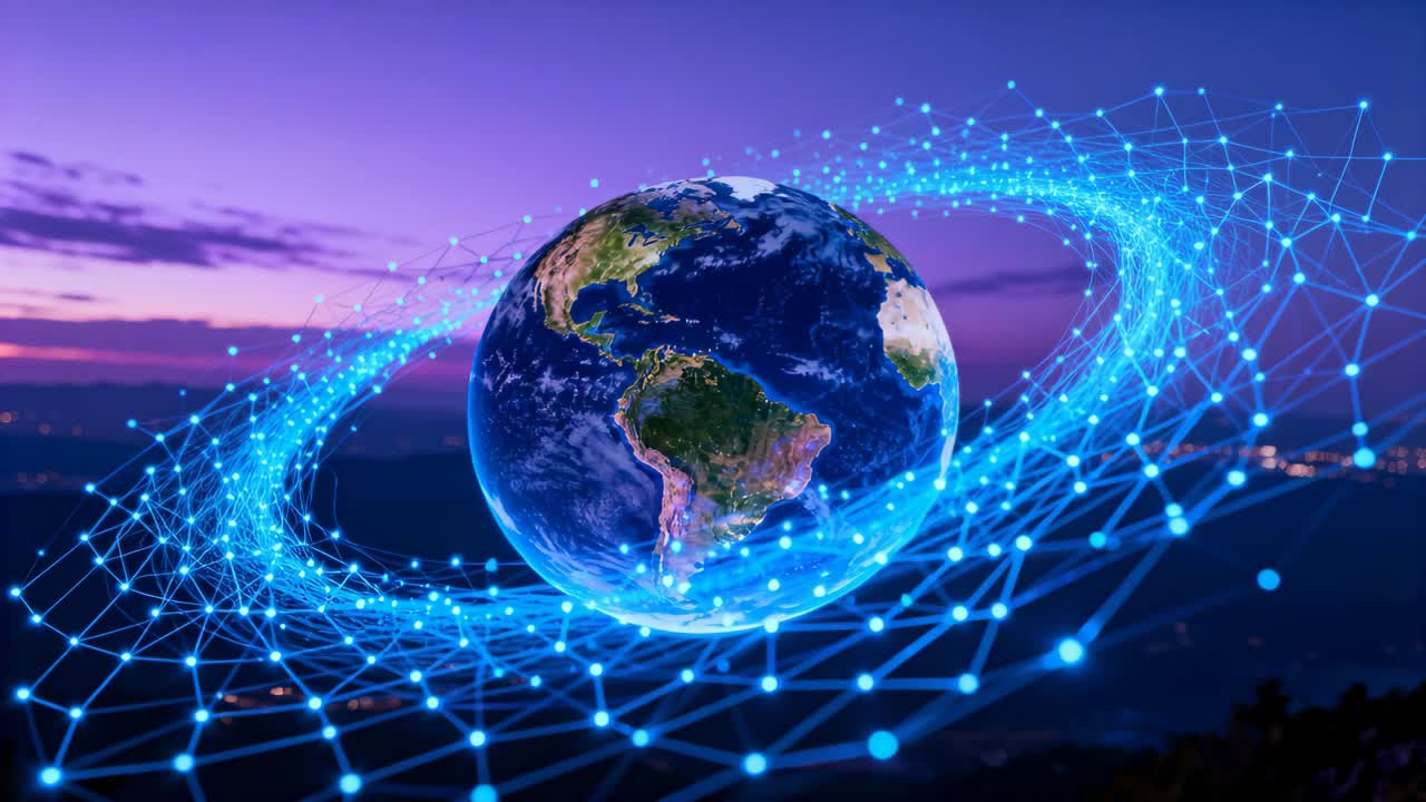 Wrapping Earth Americas-facing, blue mesh pulsing while nodes streaming trails, purple-pink dusk